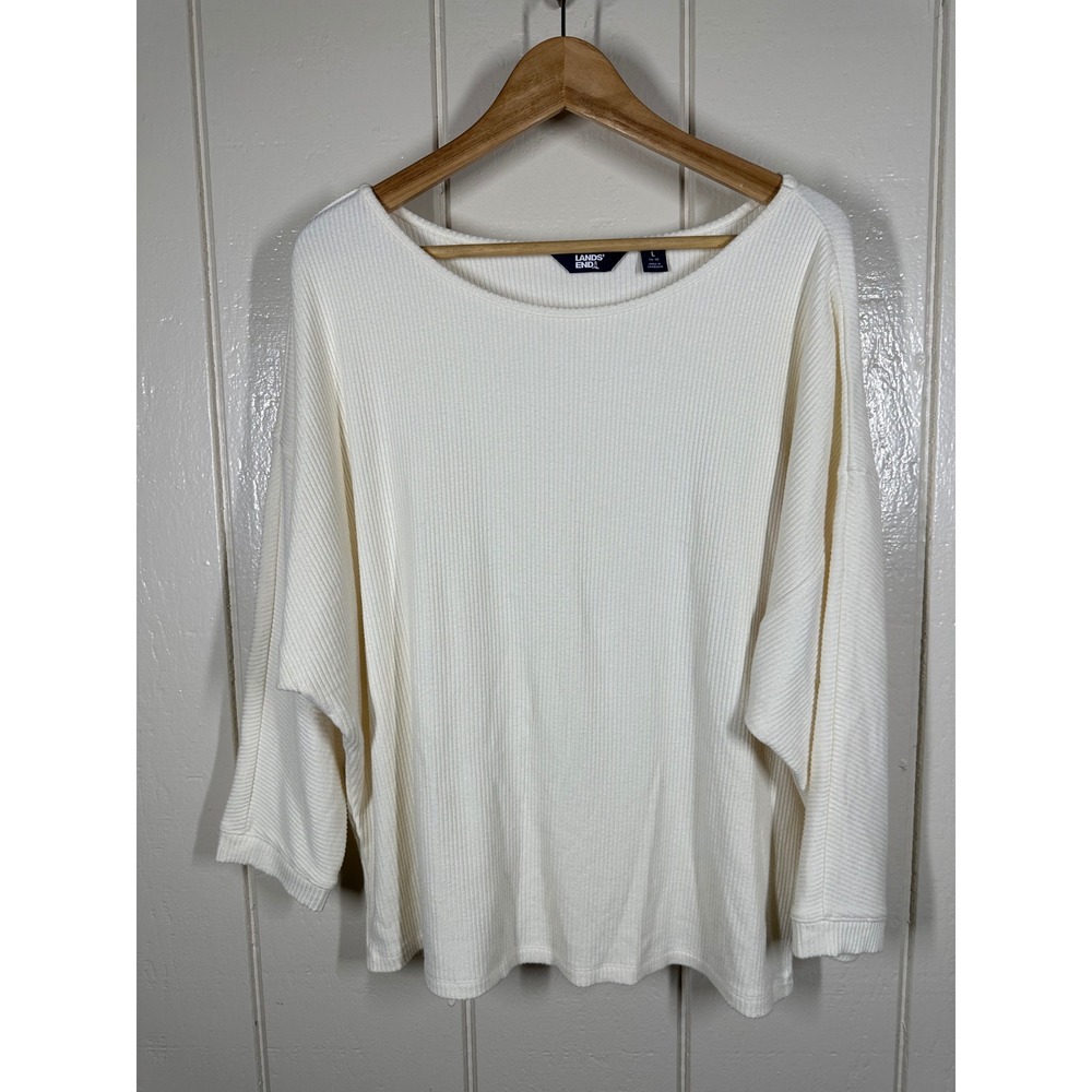 Lands End Ribbed Top Womens L Ivory White Batwing Boat Neck Casual L/S 7810